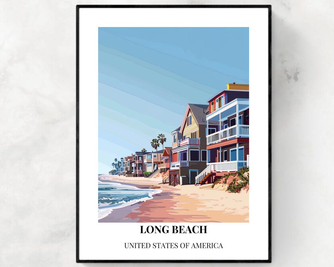Long Beach California Beachfront Homes Bottom Caption Travel Poster