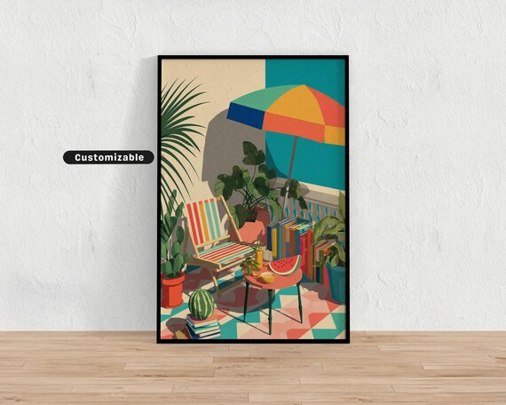Summer Terrace With Striped Umbrella Books Watermelon Colorful Poster