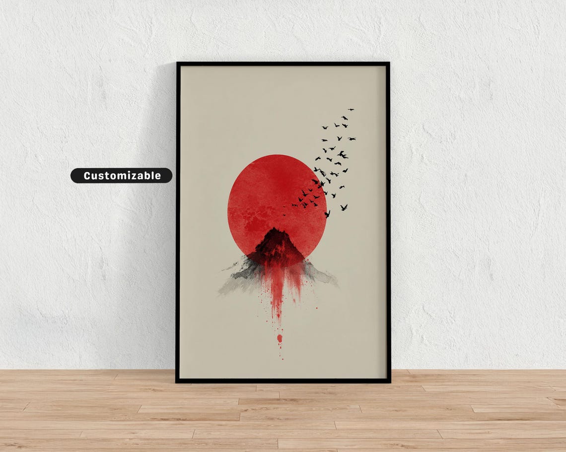 Red Sun Over Mountain Peak With Flying Birds Japanese Ink Poster