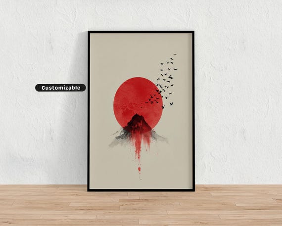 Japanese Ink Art Of Red Sun Over Mountain Silhouette With Flying Birds Wall Print Zen Asian Decor
