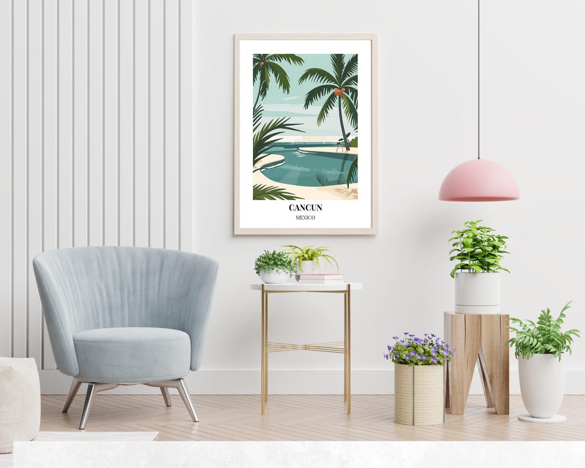 Cancun Mexico Minimalist Pool and Palm Trees Illustrated Travel Poster - Image 2