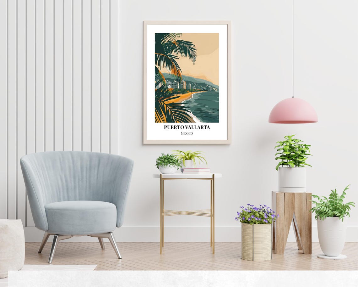 Puerto Vallarta Mexico Golden Beach Poster with Palms and Hotels - Image 2