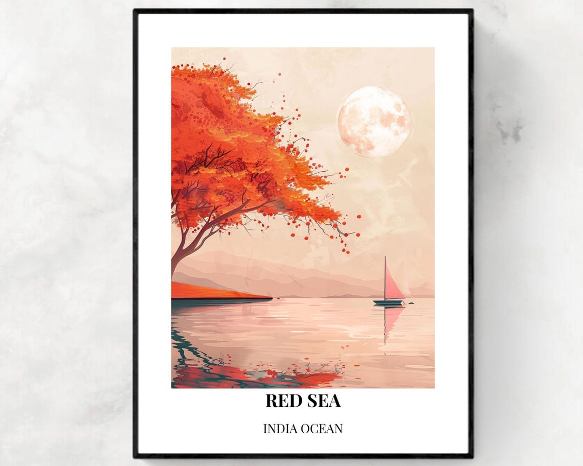 Red Sea Moonlit Seascape With Autumn Tree And Sailboat Poster