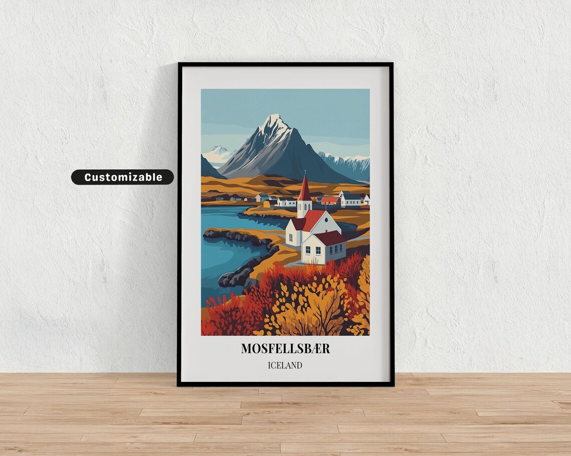 Mosfellsbær Iceland Church Village in Autumn Custom Travel Poster