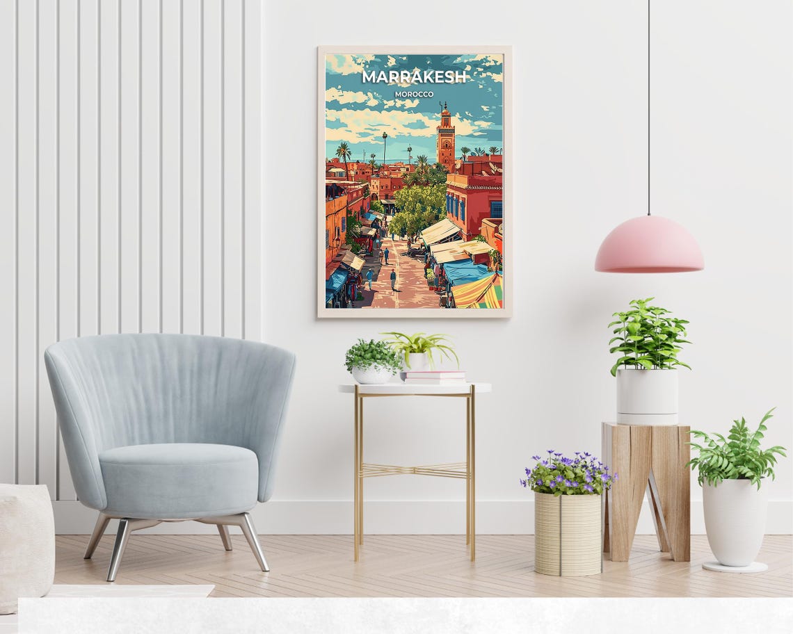 Marrakesh Morocco Medina Market Street Stalls Minaret Poster - Image 2