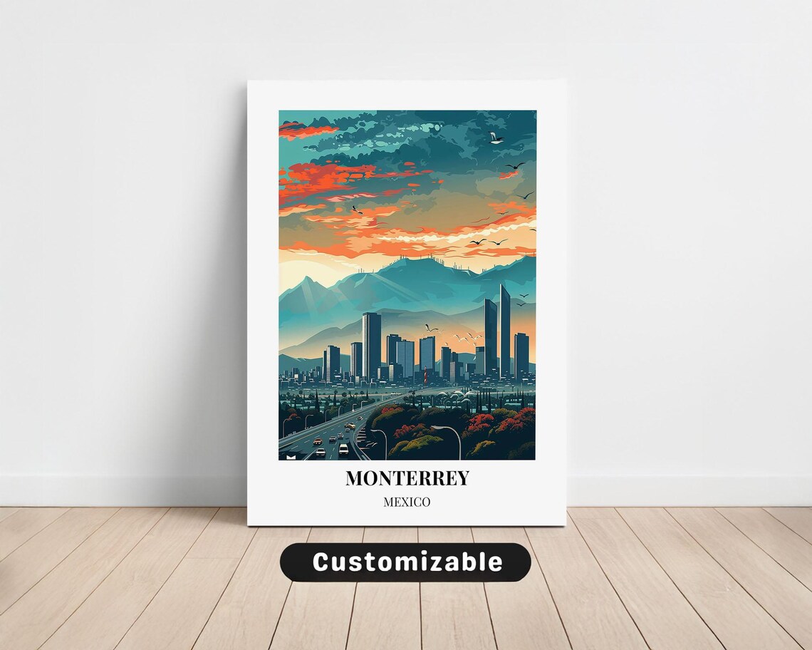 Monterrey Mexico City Skyline Sunset Mountains Travel Art Canvas Poster