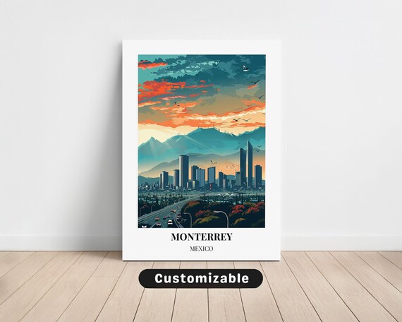 Monterrey Mexico City Skyline Sunset Mountains Travel Art Canvas Poster