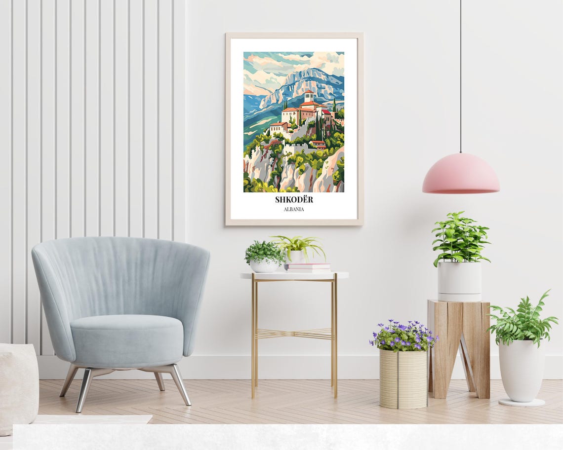 Shkodër Albania Cliffside Castle Village White Border Art Poster - Image 2