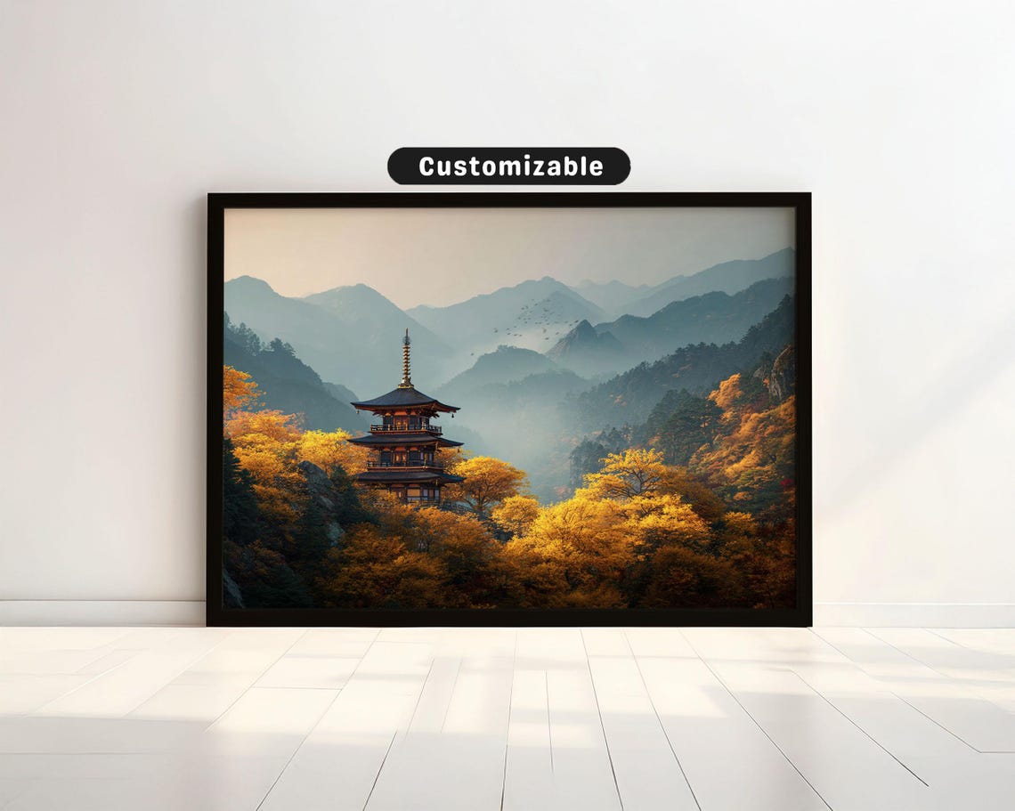 Golden Autumn Pagoda Forest Misty Mountains Japan Scenic Poster