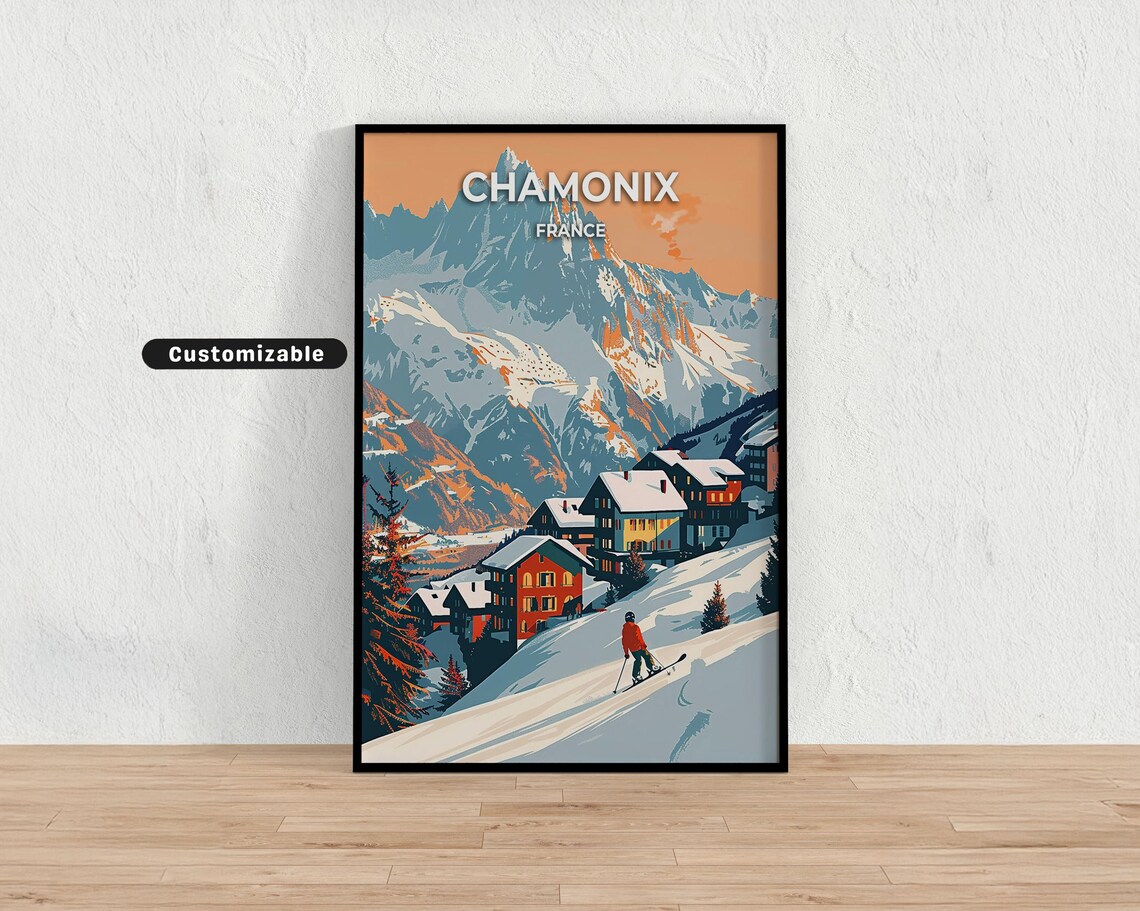 Chamonix France Orange Sunset Alpine Village Skier Travel Poster