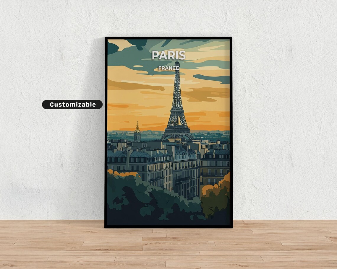 Paris France Eiffel Tower Sunset Skyline Vintage Travel Poster