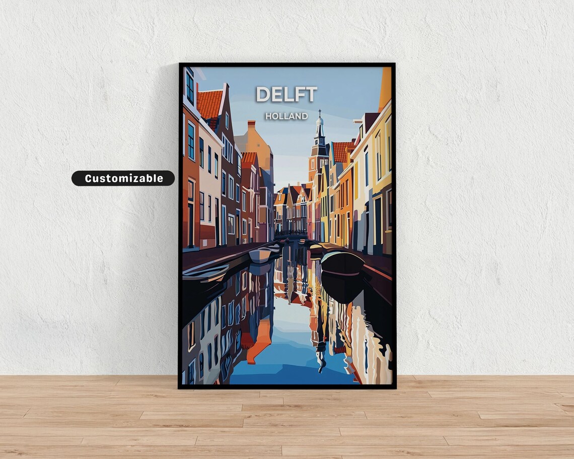 Delft Holland Canal Street Reflections Church Tower Travel Poster