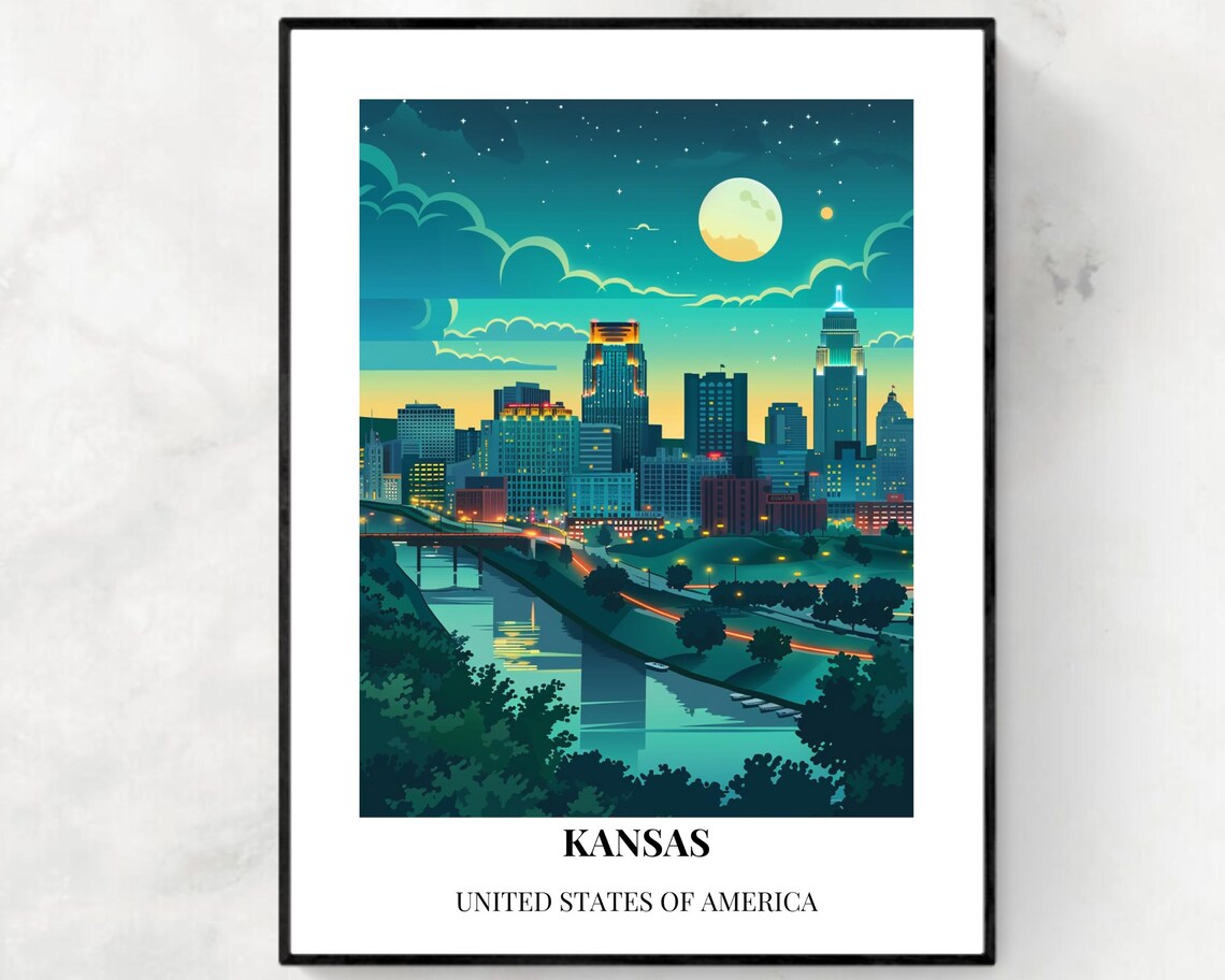 Kansas Night Skyline Under Full Moon Cityscape Travel Poster