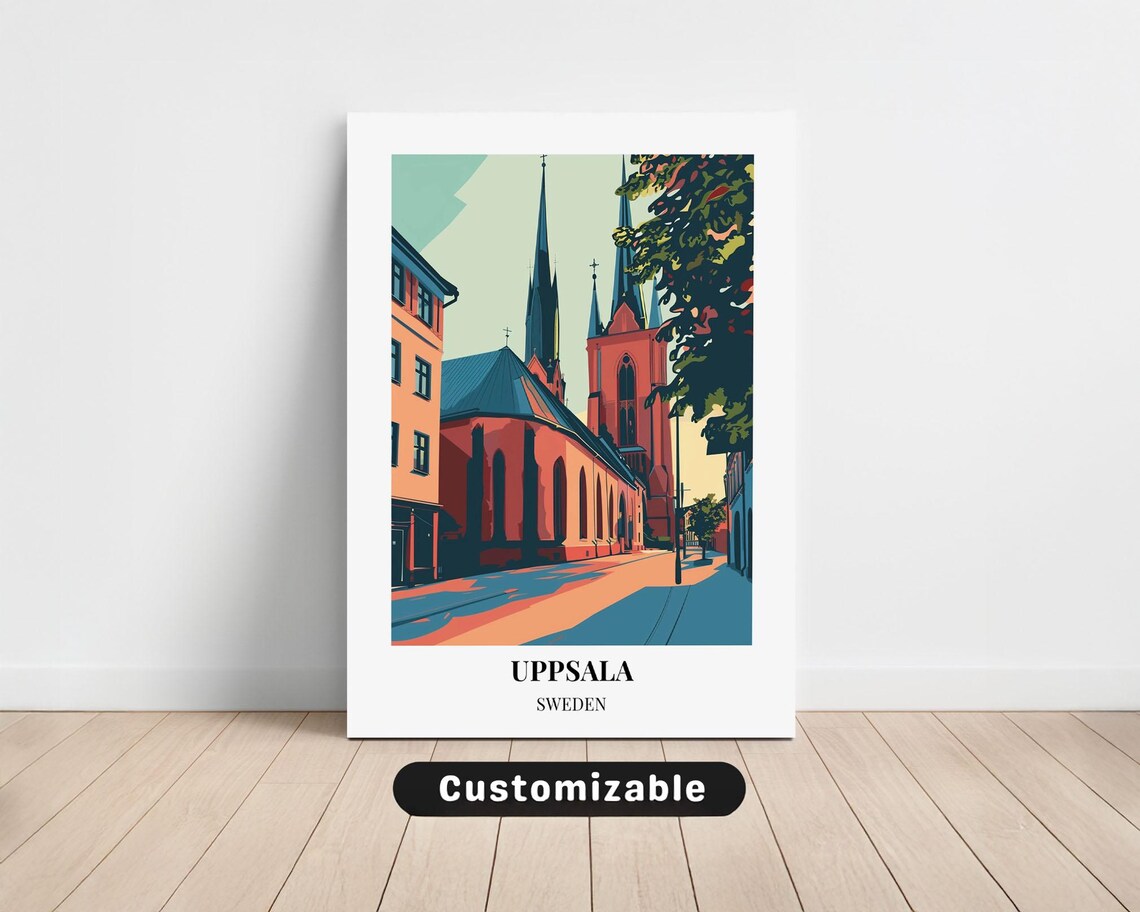 Uppsala Sweden Cathedral Red Church Street Retro Travel Poster