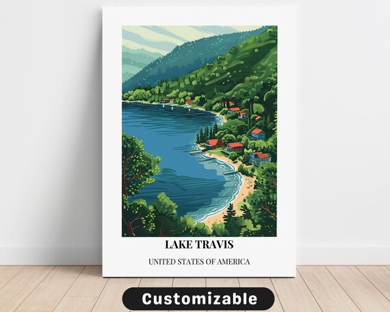 Lake Travis Texas Vintage Travel Poster Lakeside Cabins Retro Decor Style