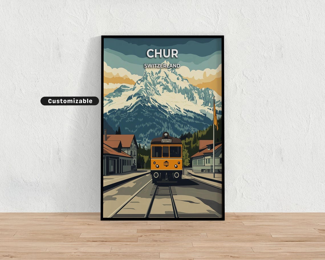 Chur Switzerland Yellow Mountain Train Snowy Peak Graphic Poster