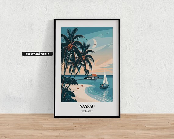Nassau Bahamas Moonlit Beach Palm Sailboat Vintage Travel Poster