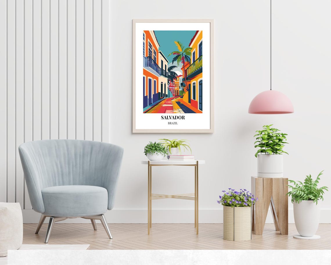 Salvador Brazil Sunlit Palm Lined Colonial Street View Poster - Image 2