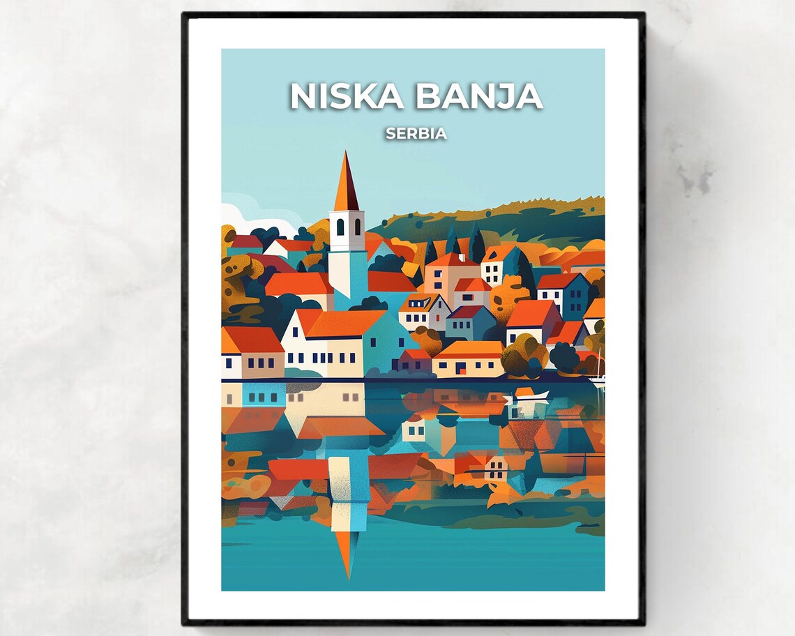 Niska Banja Serbia Spa Town Church Lake Reflections Travel Poster