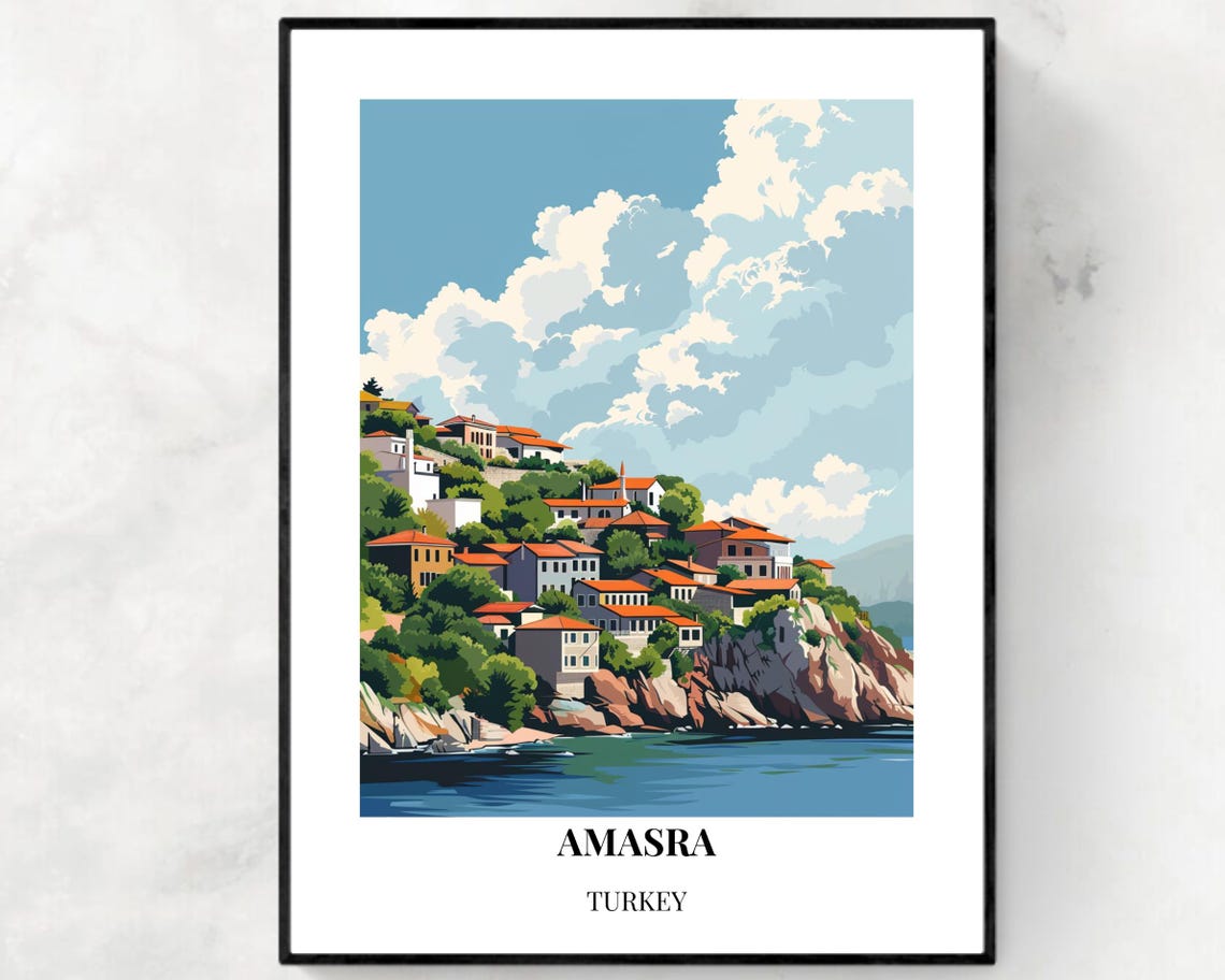 Amasra Turkey Cliffside Coastal Town Under Clouds Travel Poster