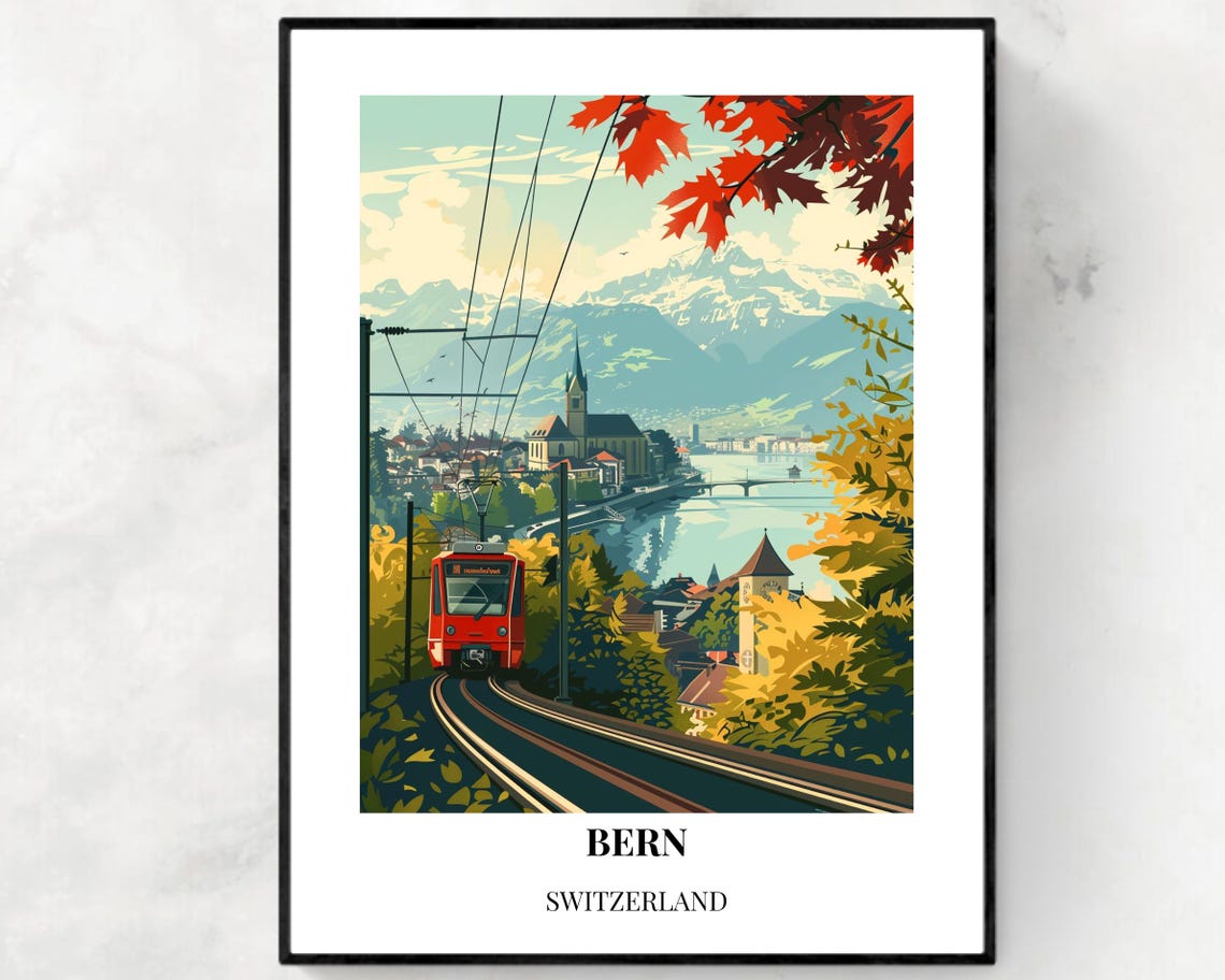 Bern Switzerland Red Tram Hillside Alpine View Travel Poster