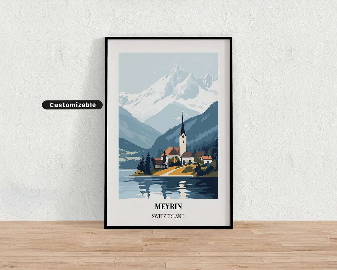 Meyrin Switzerland Snowy Peaks Lakeside Church Vintage Travel Poster