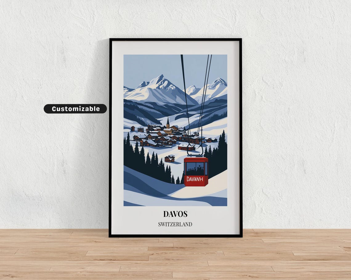 Davos Switzerland Ski Resort Cable Car Vintage Winter Travel Poster