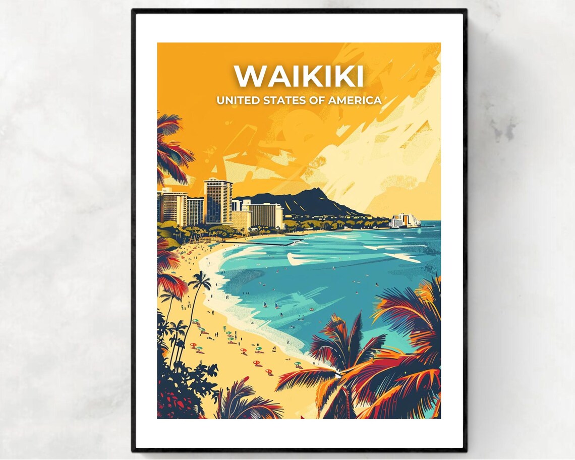 Waikiki Hawaii Diamond Head Beach Palm Trees Sunset Travel Poster