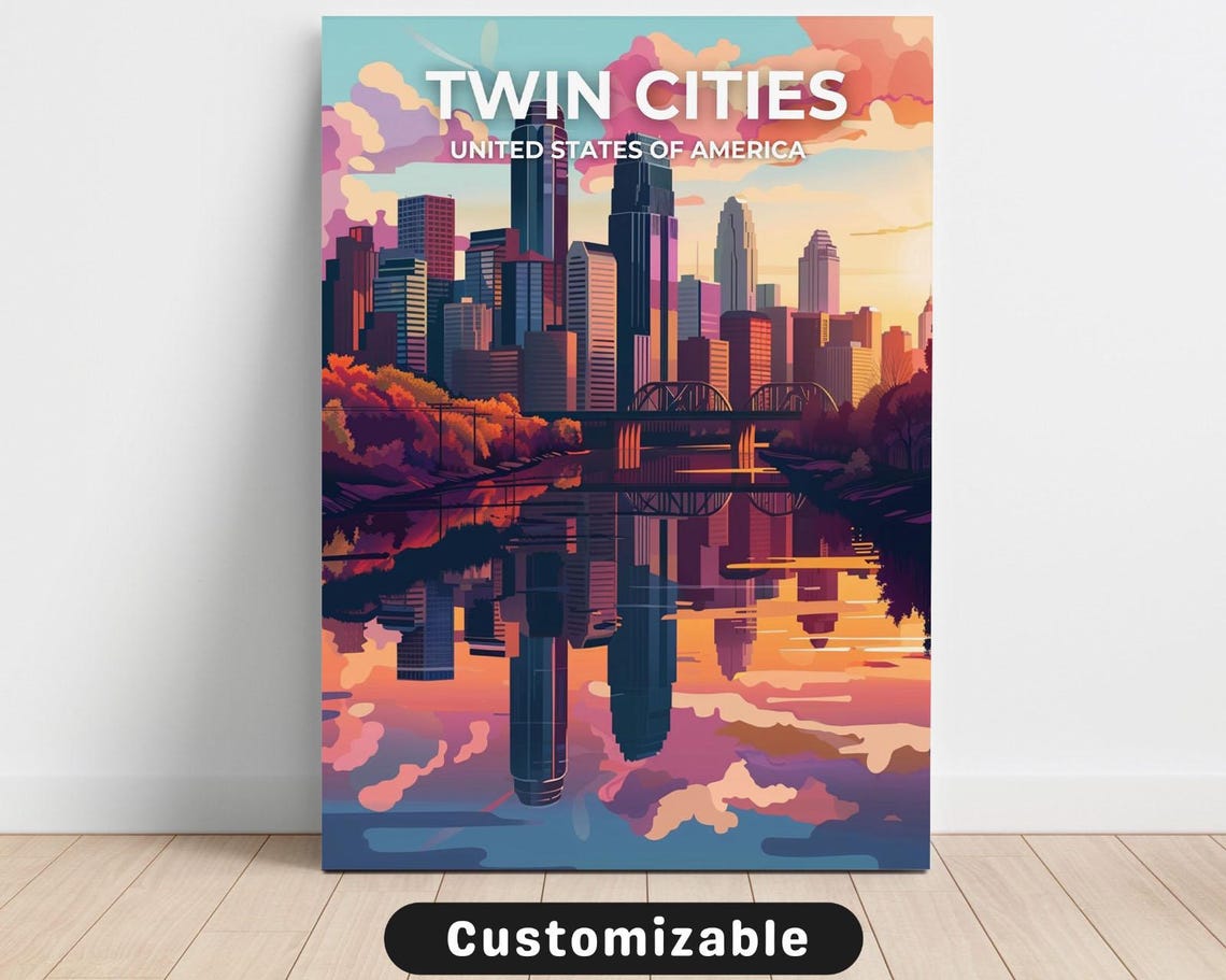 Twin Cities Minnesota Skyline River Reflection Sunset Travel Poster