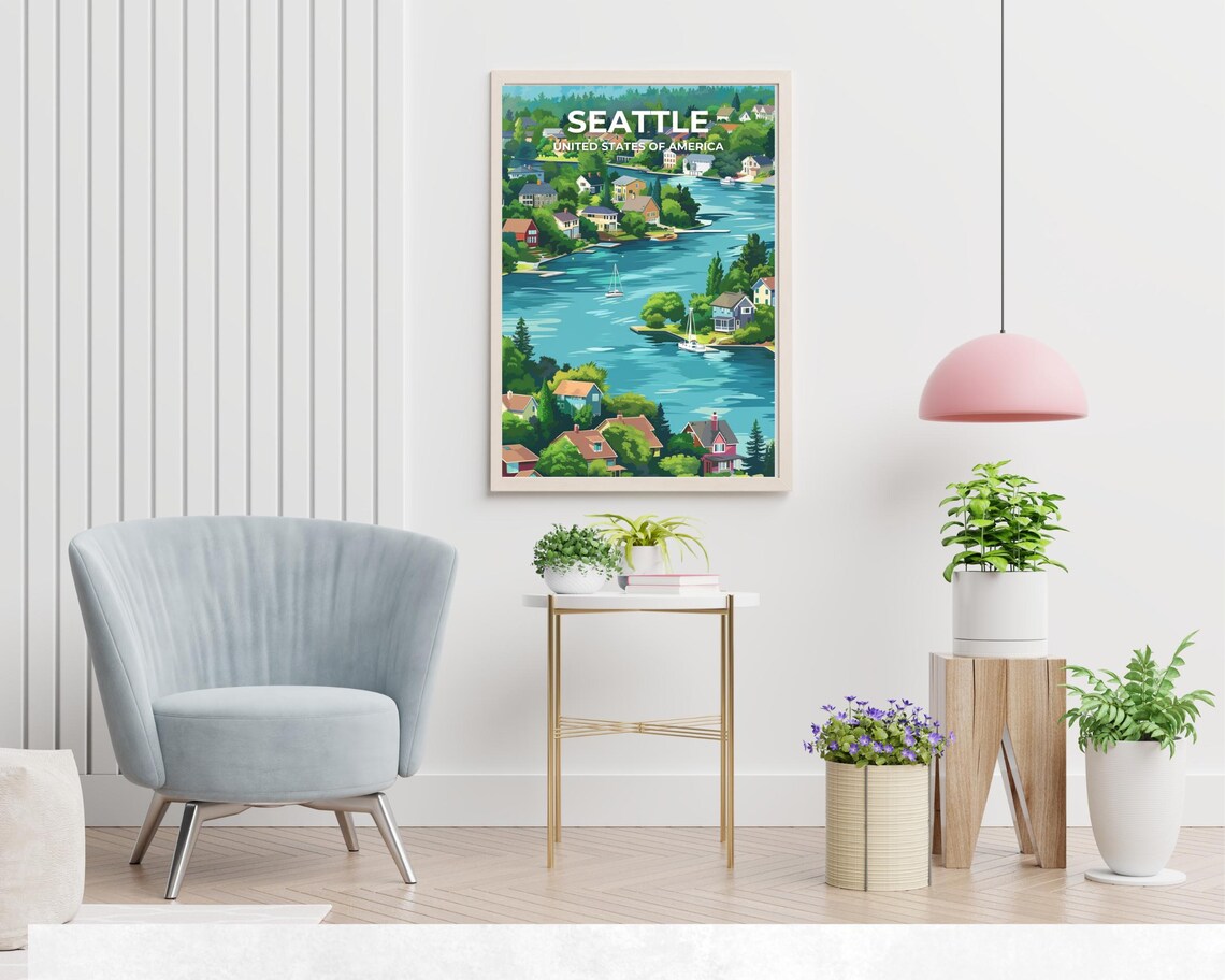Seattle Lakeside Neighborhood Canal Sailboat Headline Travel Poster - Image 2