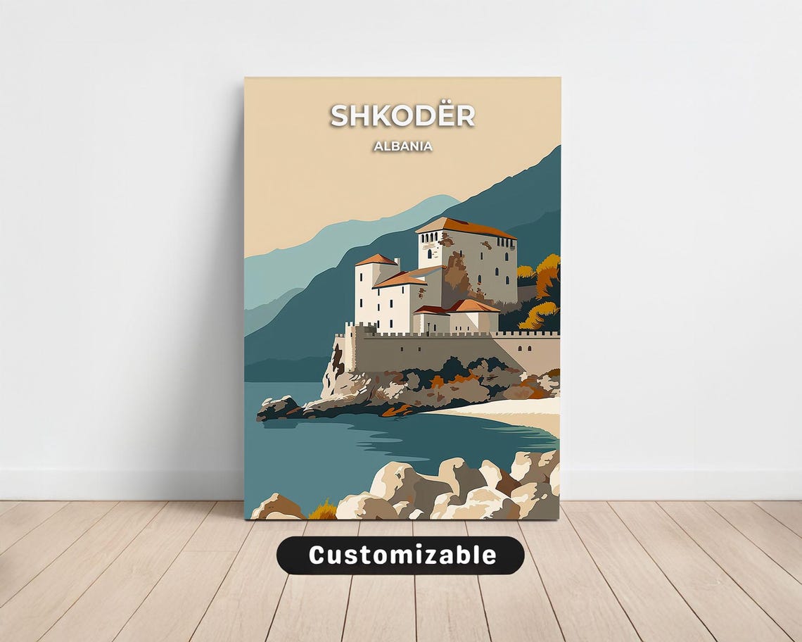 Shkodër Albania Coastal Fortress Sunset Vintage Travel Poster Art
