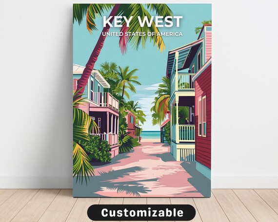 Key West Florida Palm Lined Beach Lane Retro Tropical Travel Poster