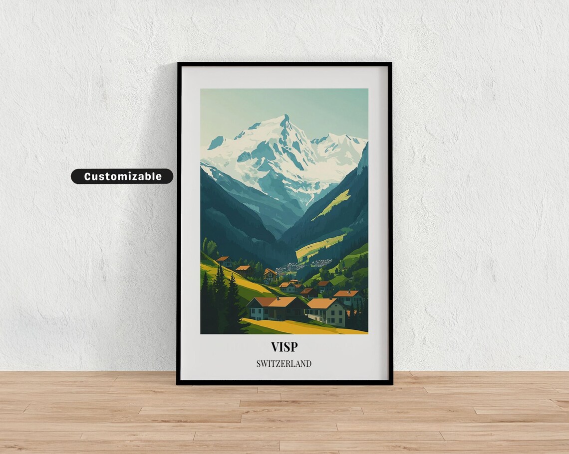Visp Switzerland Snow Peak Mountain Valley Village Travel Poster