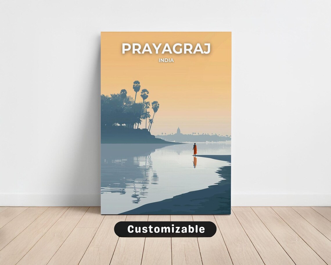 Prayagraj India Riverside Dawn Travel Poster Lone Figure Palm Beach