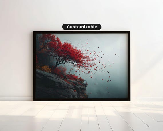 Crimson Leaves Swirling In Wind Over Misty Cliff Japanese Wall Art Print Zen Asian Decor