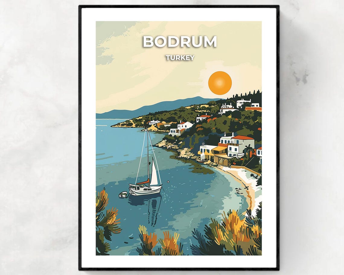 Bodrum Bay With Sailboat and Hillside Village Turkey Travel Poster