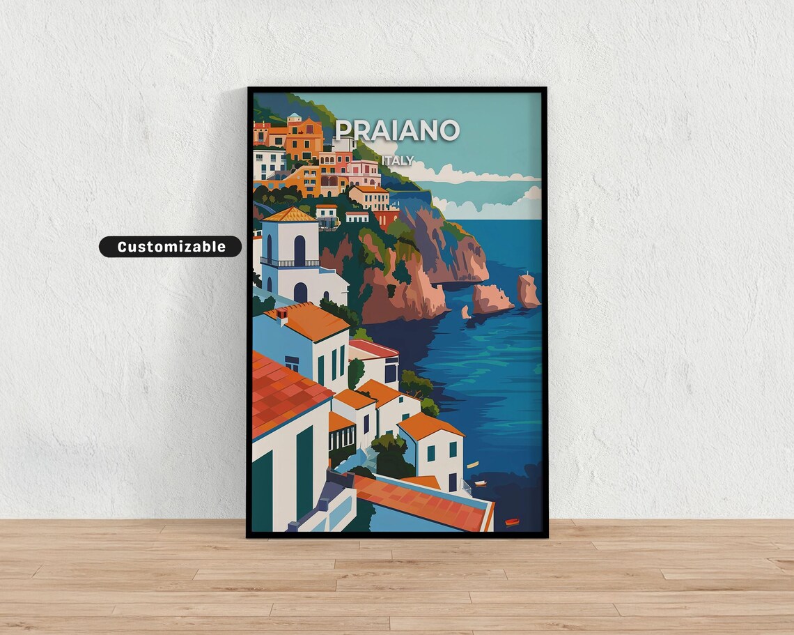 Sunny Praiano Italy Amalfi Coast Cliffs Customizable Travel Poster