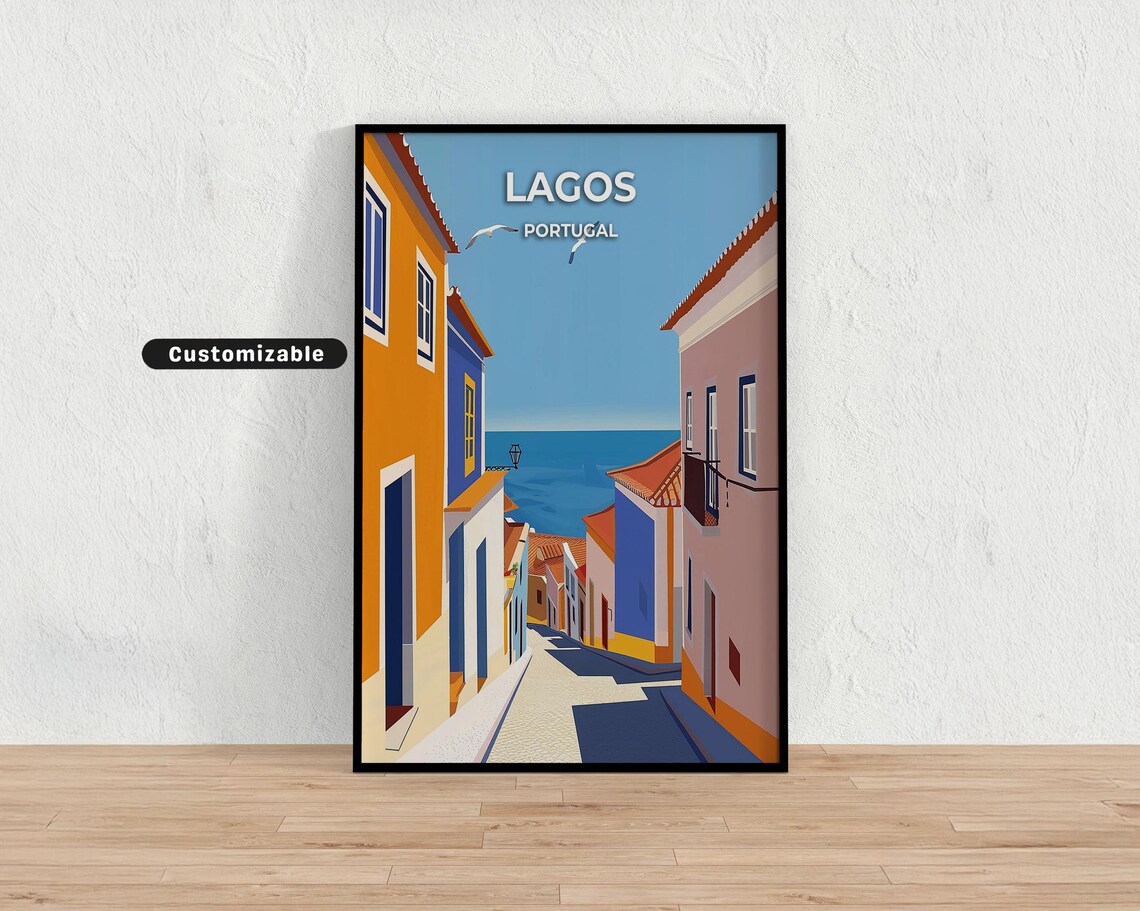 Lagos Portugal Colorful Street Sea View Algarve Travel Poster