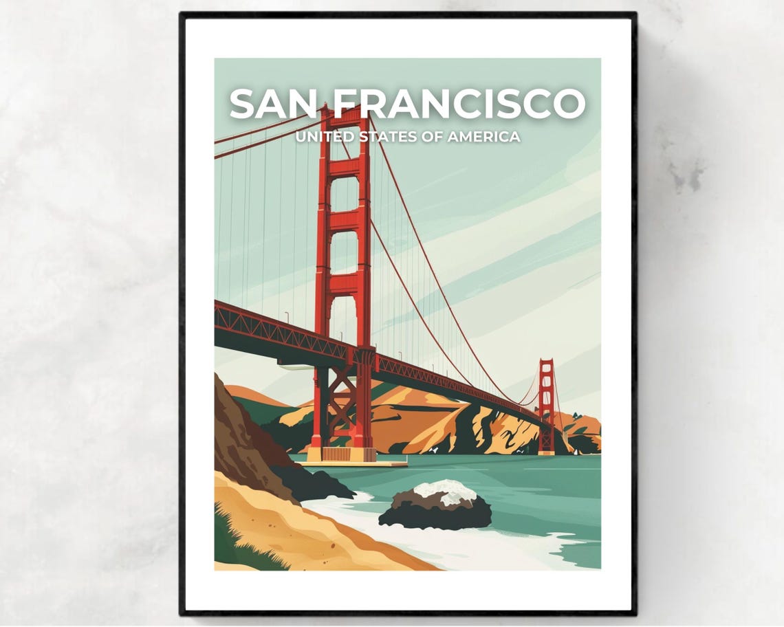San Francisco Golden Gate Bridge Tower Close-Up Poster Top Title