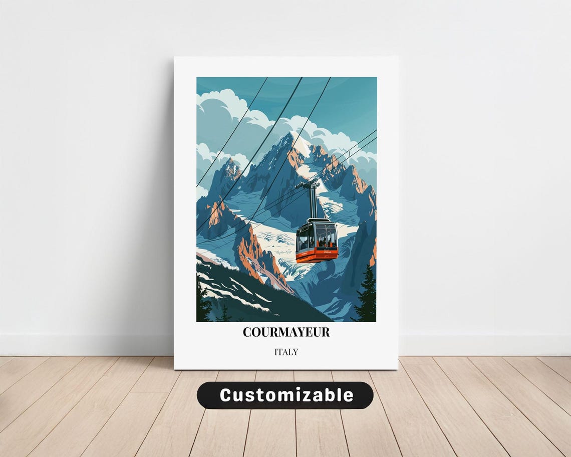 Courmayeur Italy Travel Poster Cable Car Mont Blanc Alpine Ski Scene