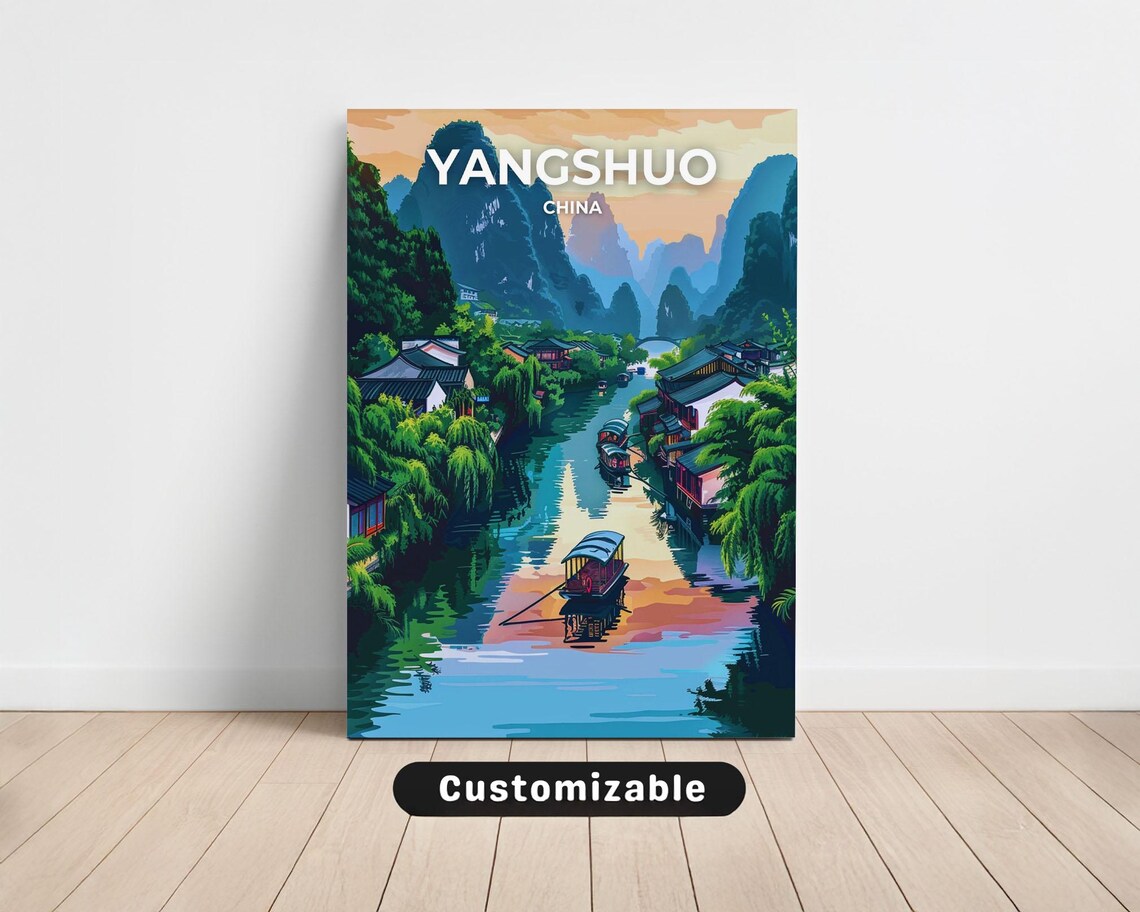 Yangshuo China Karst River Village Boats Sunset View Travel Poster