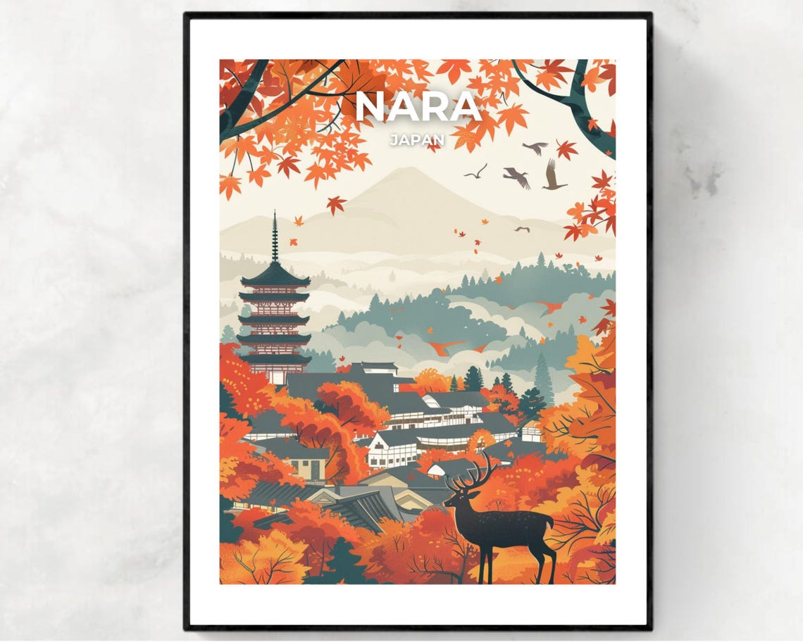 Nara Japan Autumn Pagoda Deer Maple Fall Foliage Travel Poster
