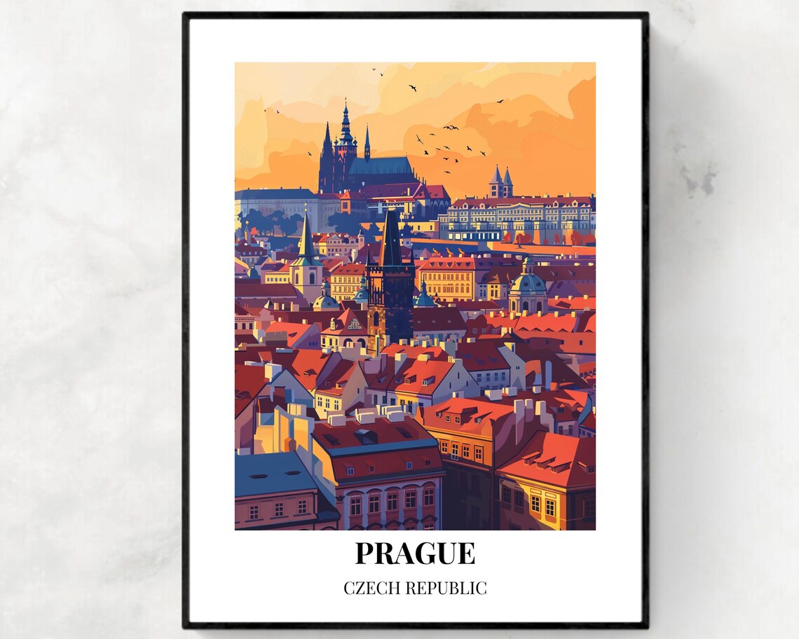 Prague Czech Republic Old Town Sunset Skyline Vintage Travel Poster