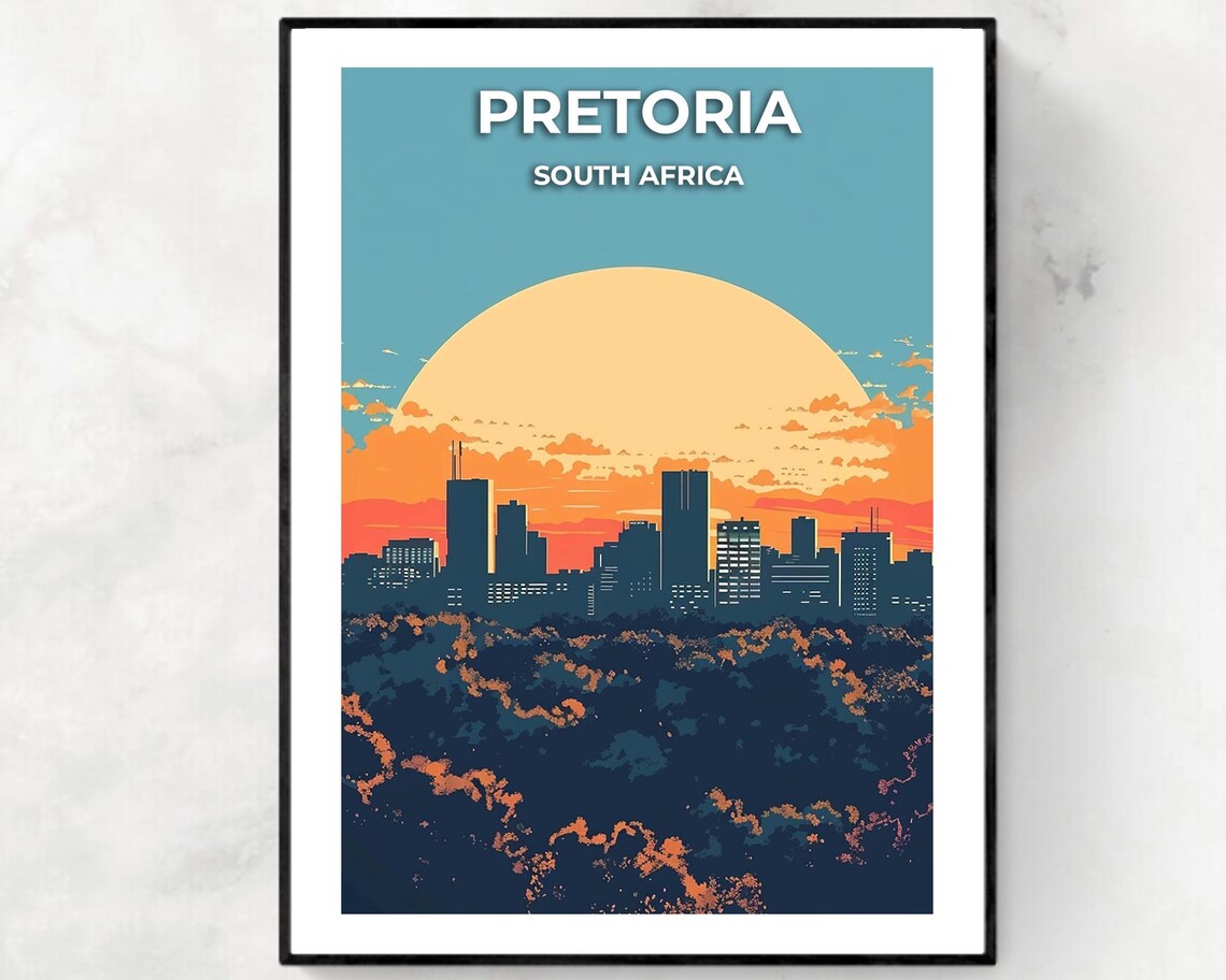 Pretoria City Skyline Before A Giant Sun South Africa Travel Poster