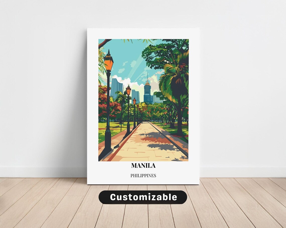 Manila Philippines Park Avenue Lamp Posts Sunny Palms Travel Poster