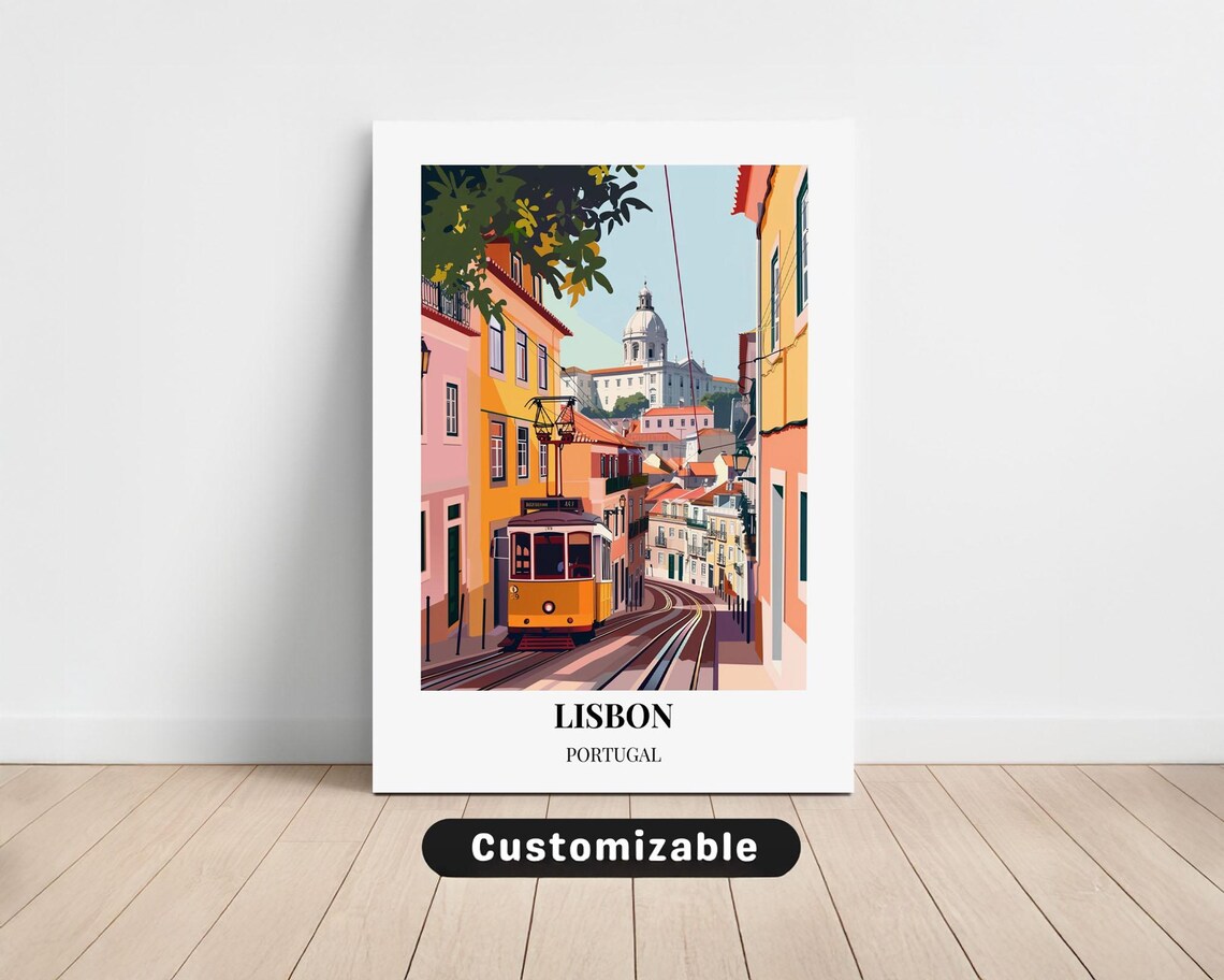 Lisbon Portugal Travel Poster Yellow Tram Street Old Town View Art