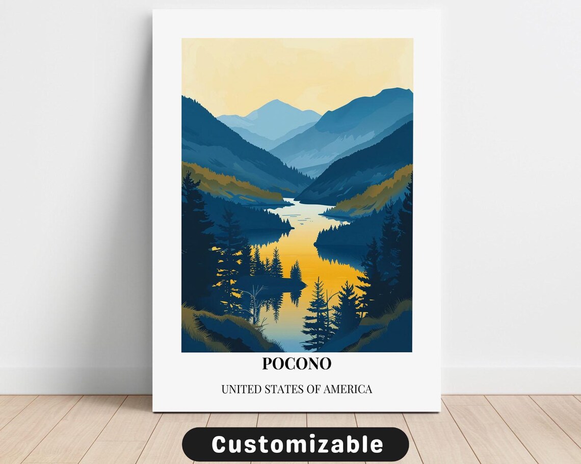 Pocono Mountain Lake Sunrise Pine Forest Vintage Travel Poster