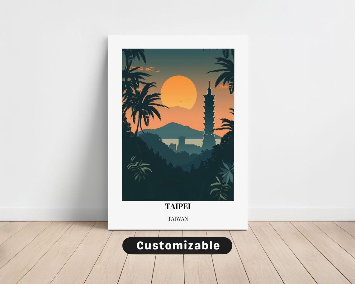 Taipei Taiwan 101 Palm Silhouette Orange Moon Night Travel Art Poster