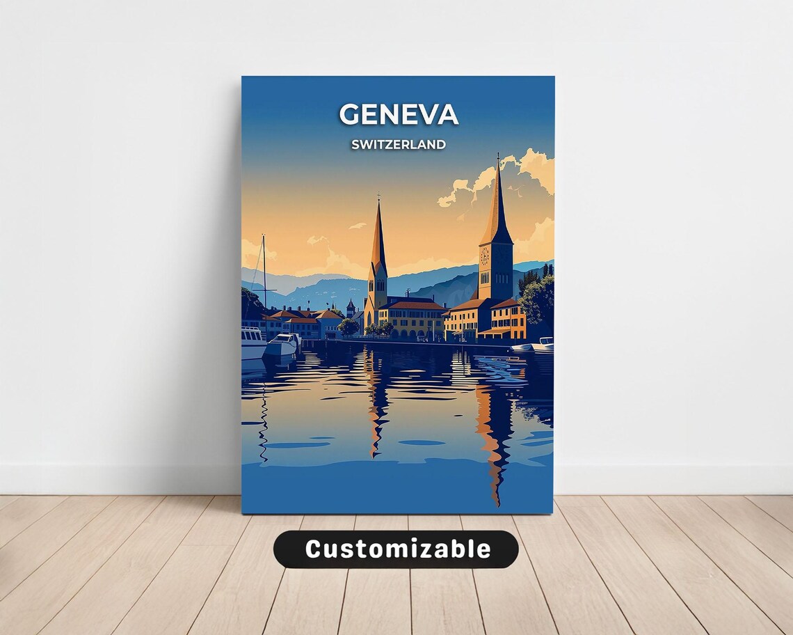 Geneva Switzerland Vintage Travel Poster Sunset Lake Waterfront Art