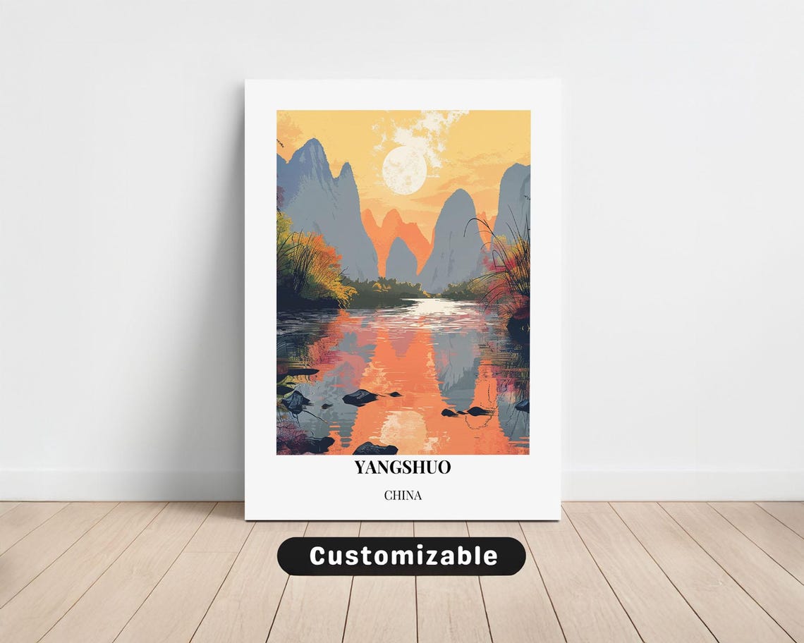 Yangshuo China Karst Peaks River Sunset Reflection Art Poster